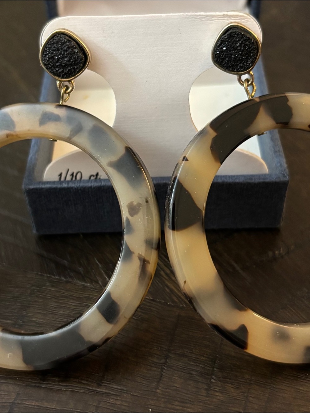 Tortoiseshell Hoop Drop Earrings with Black Druzy Studs